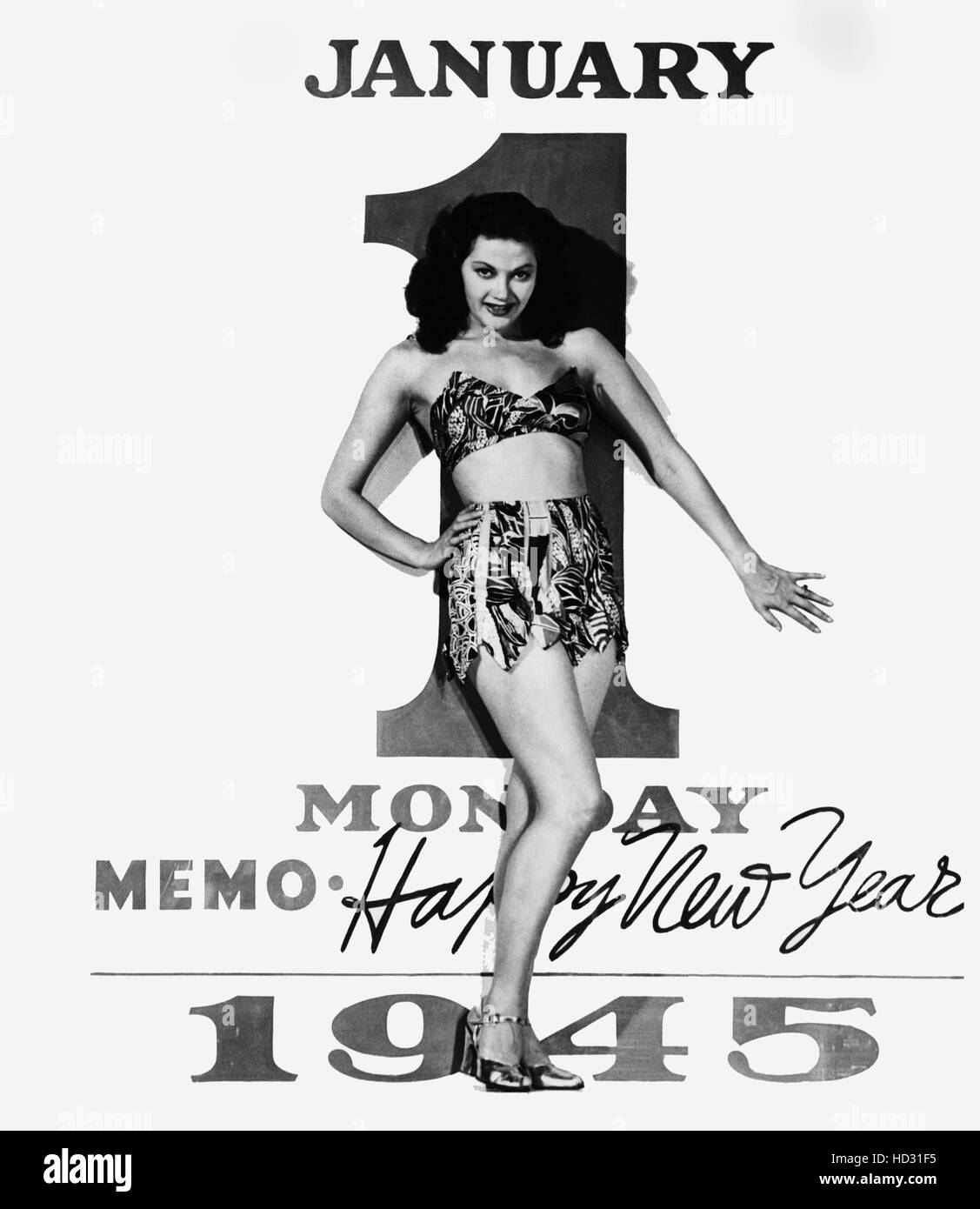 Yvonne De Carlo ventiladores le desea un feliz año nuevo 1945 Foto de stock