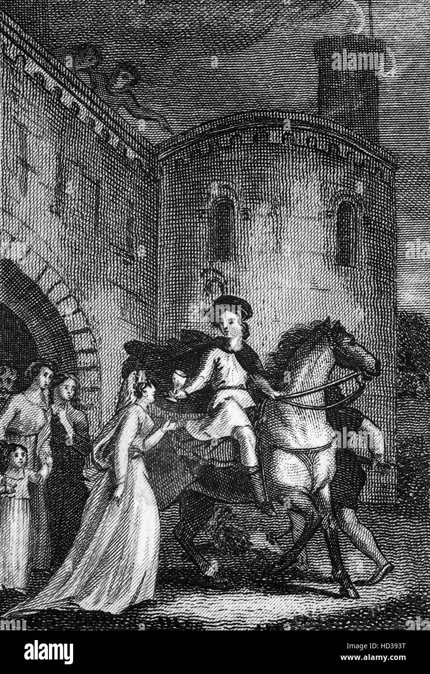 La traición de Elfrida en causar la muerte de Eduardo el mártir, Rey de Inglaterra desde 975 hasta que fue asesinado en 978. Foto de stock