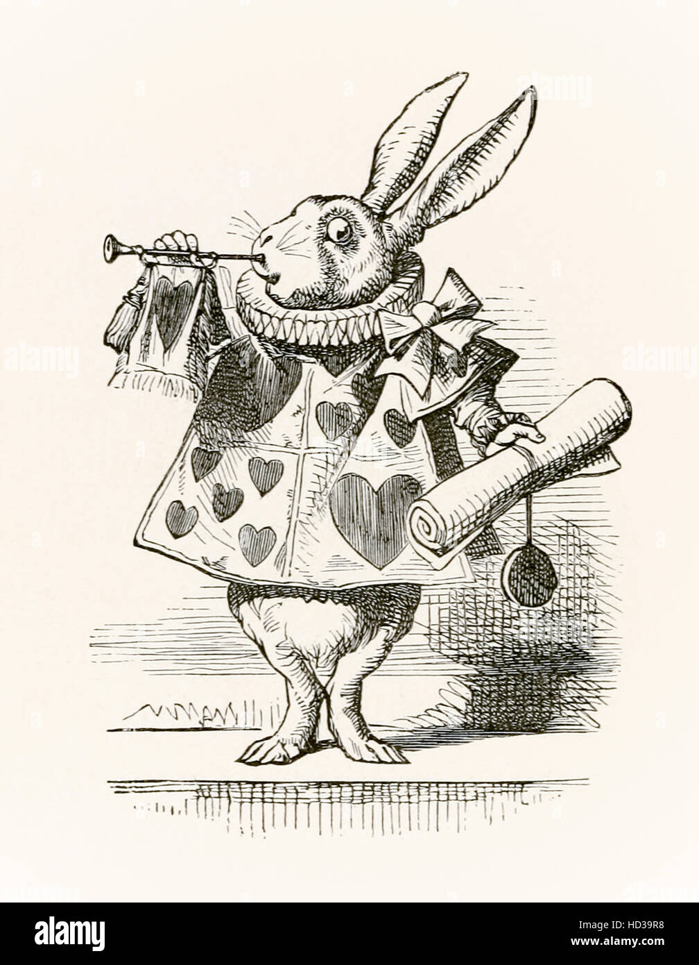 El conejo blanco con trompeta y desplácese anunciando la acusación, ilustración por Sir John Tenniel (1820-1914) de "Alicia en el país de las Maravillas" de Lewis Carroll publicado por primera vez en 1865. Foto de stock