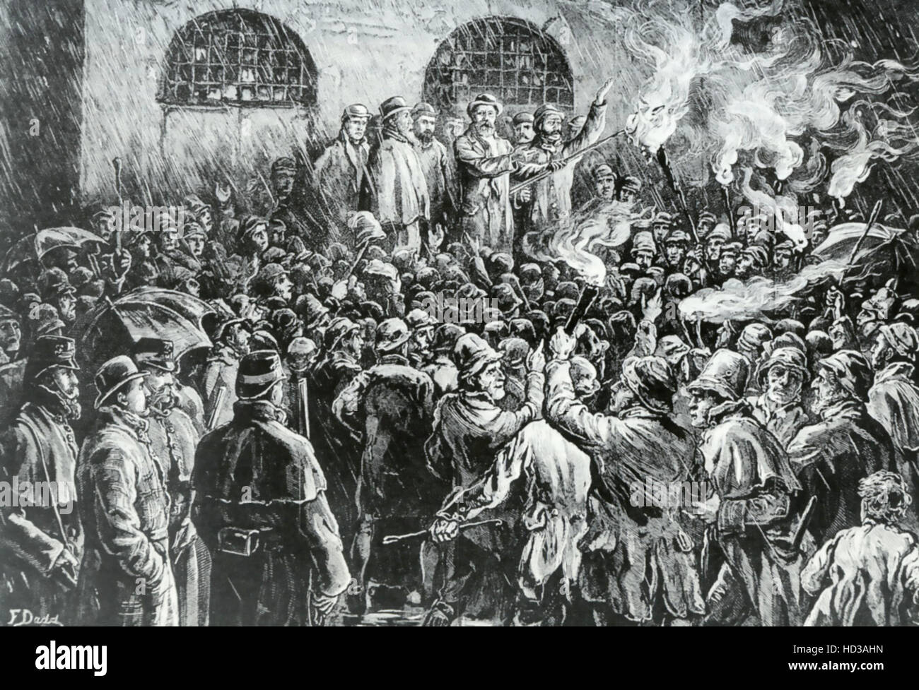 Liga Nacional de Tierras irlandés Michael Boyton muestra un barbudo quemando el Duke of Leinster es arrendamientos en KIldare en el Illustrated London News el 8 de enero de 1881. Foto de stock