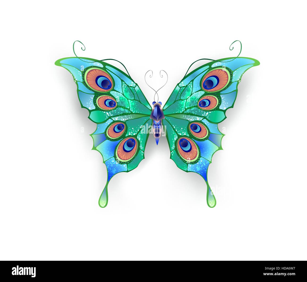Mariposa con las alas de color verde, decorada con círculos azules sobre un fondo blanco. Ilustración del Vector