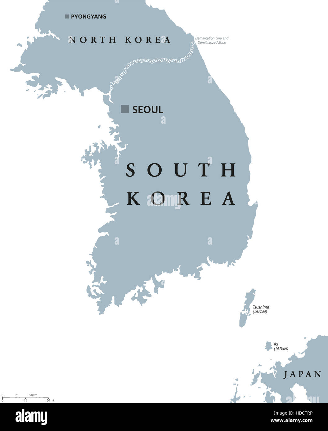 Mapa político de Corea del Sur con la capital, Seúl, y las fronteras