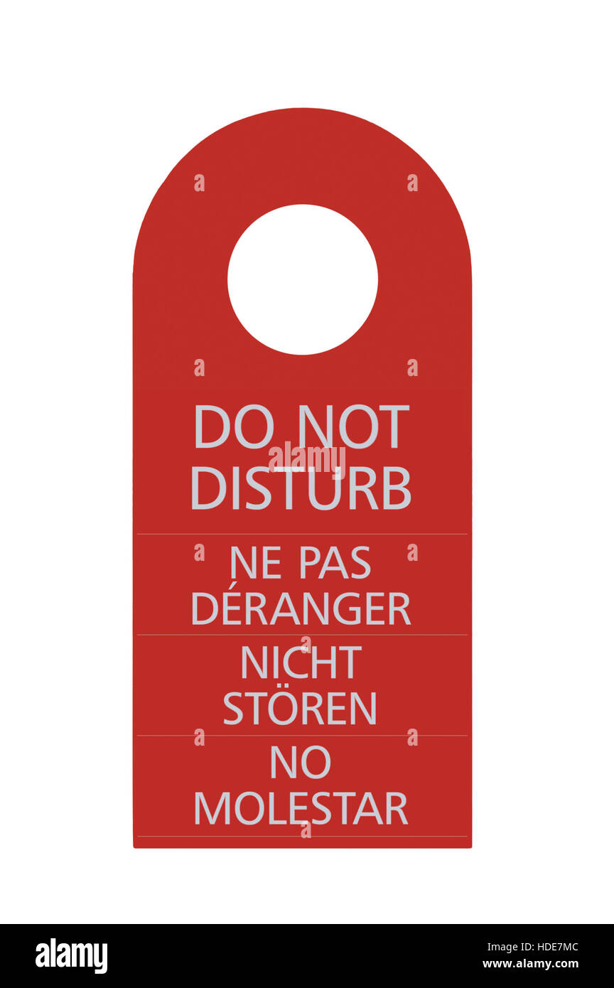Rojo No Molestar, Etiqueta de manija de puerta aislada, Inglés, Francés,  Alemán, Español Fotografía de stock - Alamy