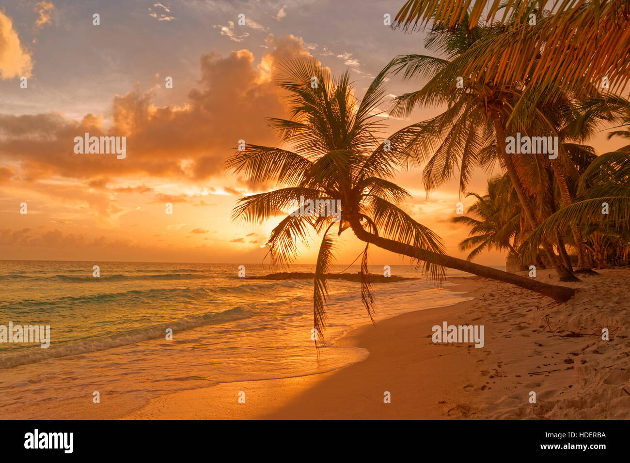 Atardecer en la playa de Dover, St. Lawrence Gap, South Coast, Barbados, Caribe. Foto de stock