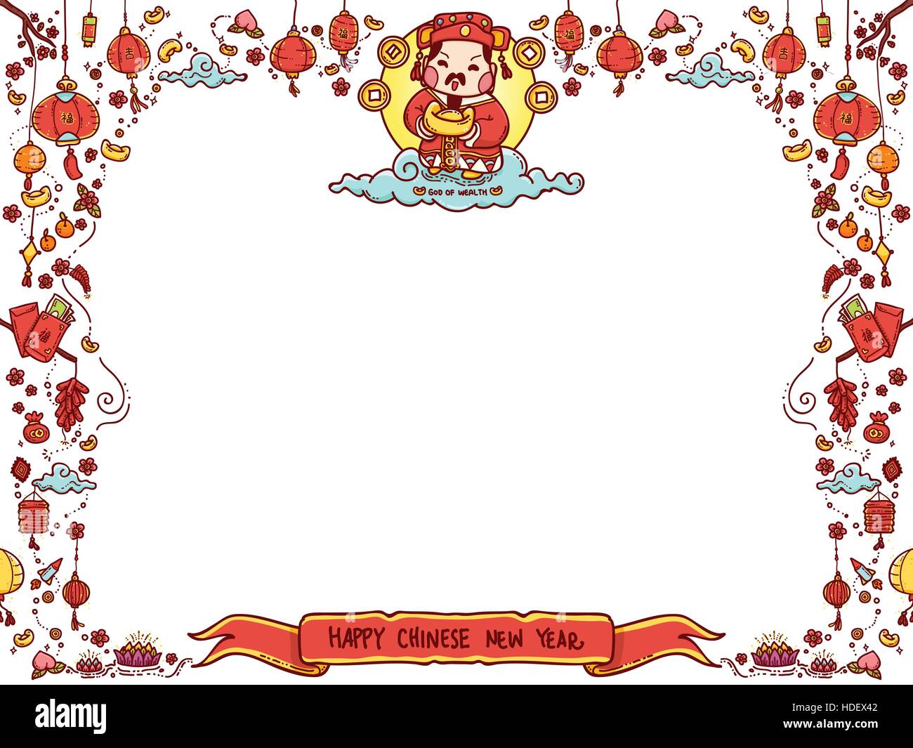 Ilustración vectorial de Dios chino de la riqueza "Tsai Shen Yeh' para la tarjeta de felicitación de Año Nuevo Chino con Copyspace. Ilustración del Vector