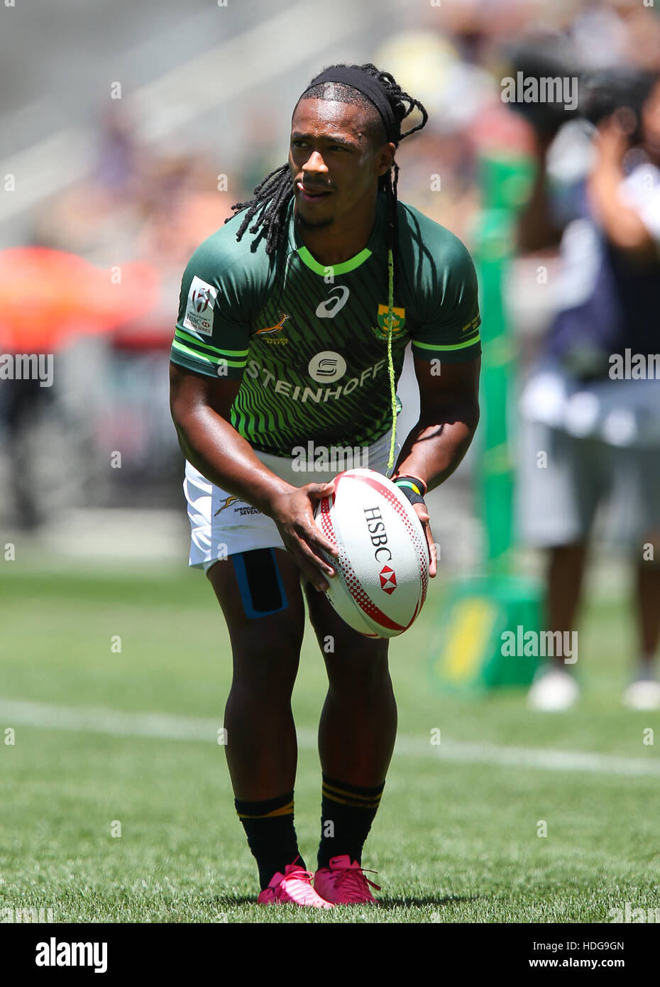 El SA Rugby Sevens Springbok jugadores en acción durante el 2016 HSBC Sevens torneo en Ciudad del Cabo en el Estadio Green Point, Punto de Cape Town. Foto de stock