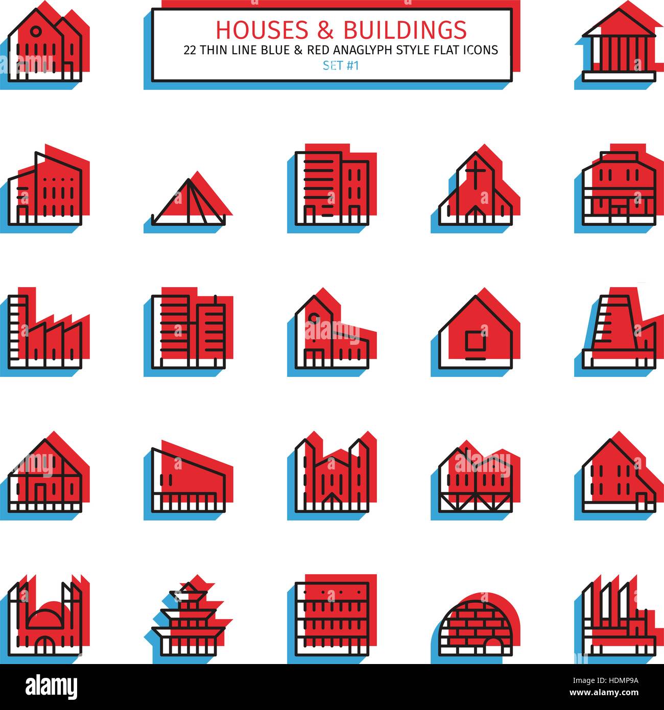 Icono de línea delgada. 3D anaglifo rojo y azul de estilo. Casas, edificios, institutos religiosos, plantas y fábricas de iconos. Vector. Ilustración del Vector