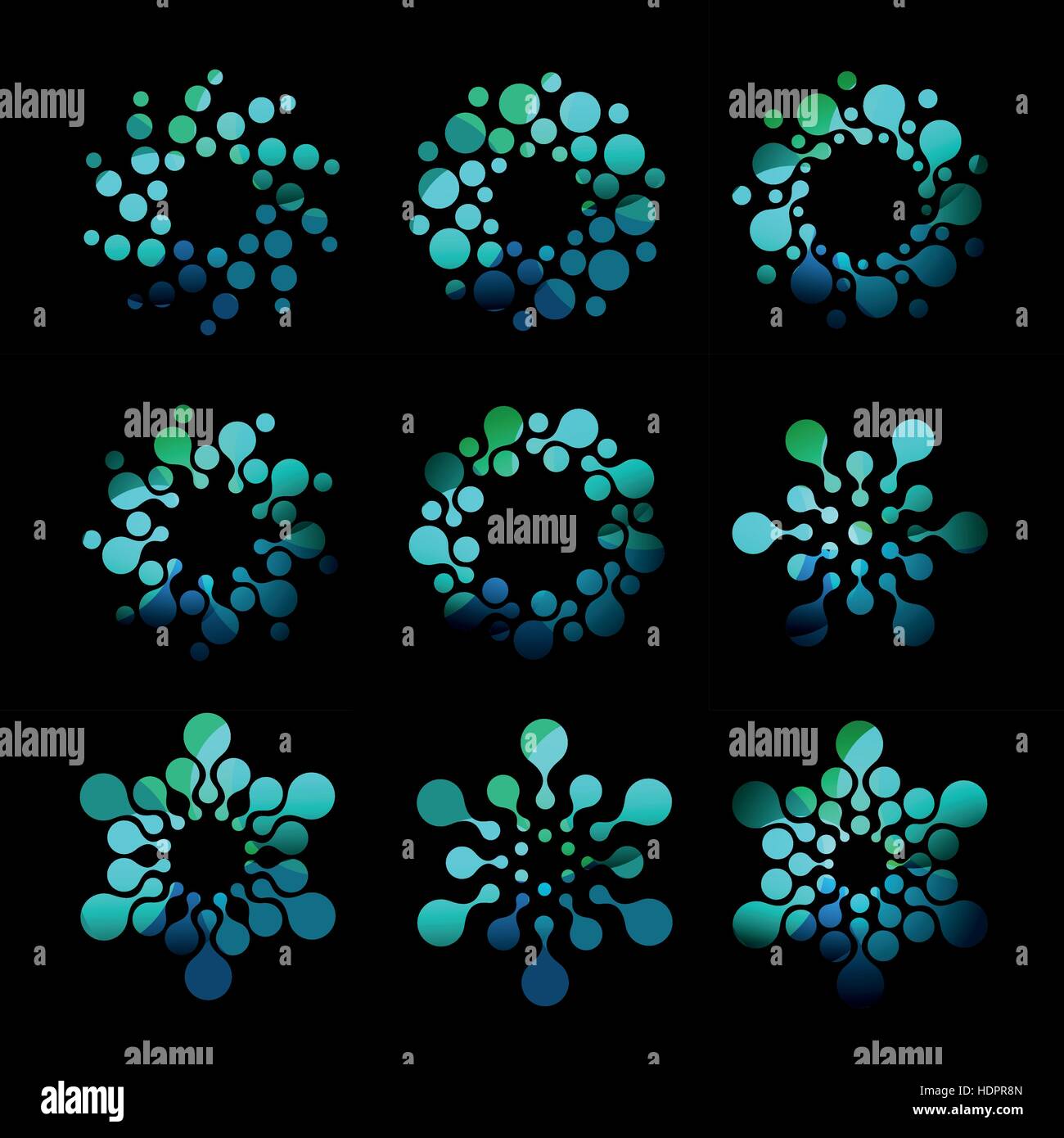 Resumen aislados de forma redonda turquesa dotted logo colección. Burbujas de agua logotipos set . Signos de flores sobre fondo negro. Los copos de nieve vectoriales ilustración. Ilustración del Vector