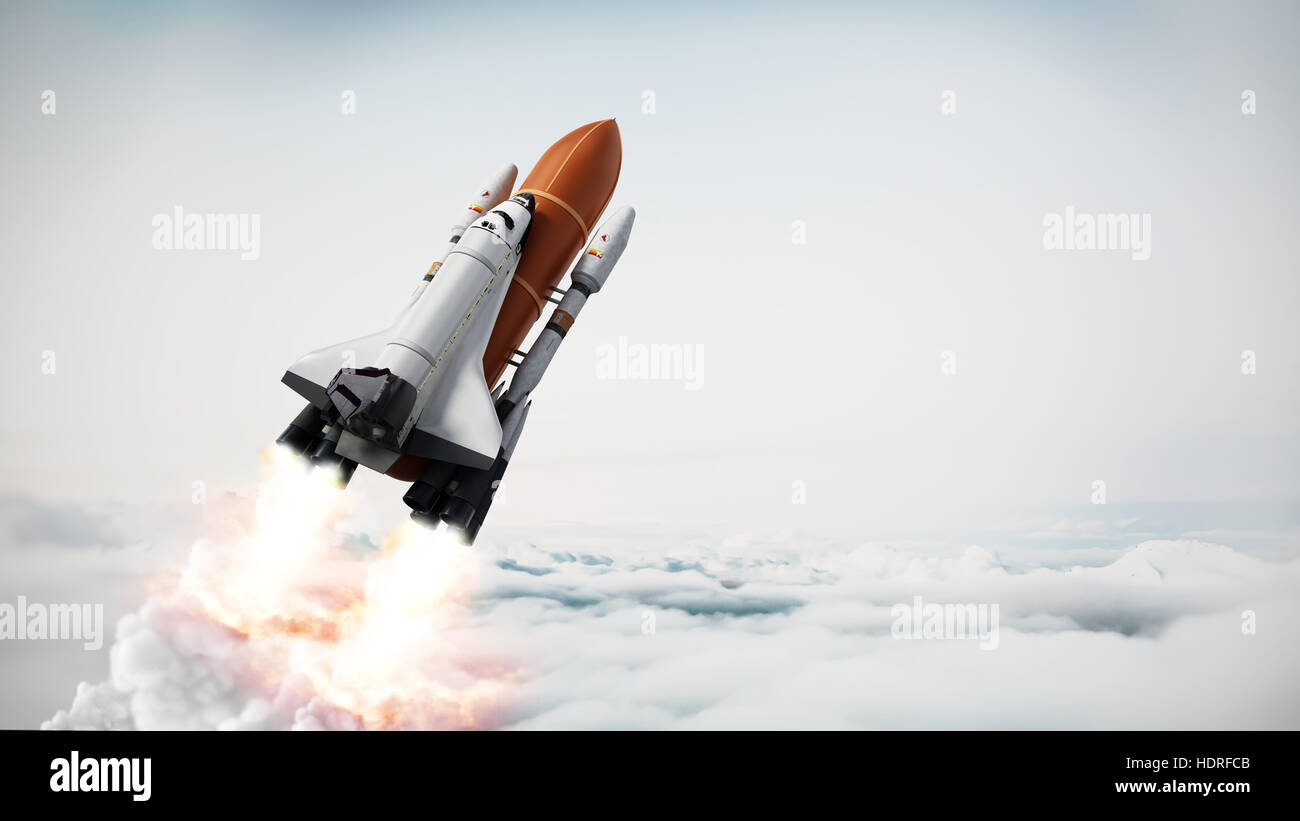 Rocket realizar lanzamientos del transbordador espacial. Ilustración 3D. Foto de stock