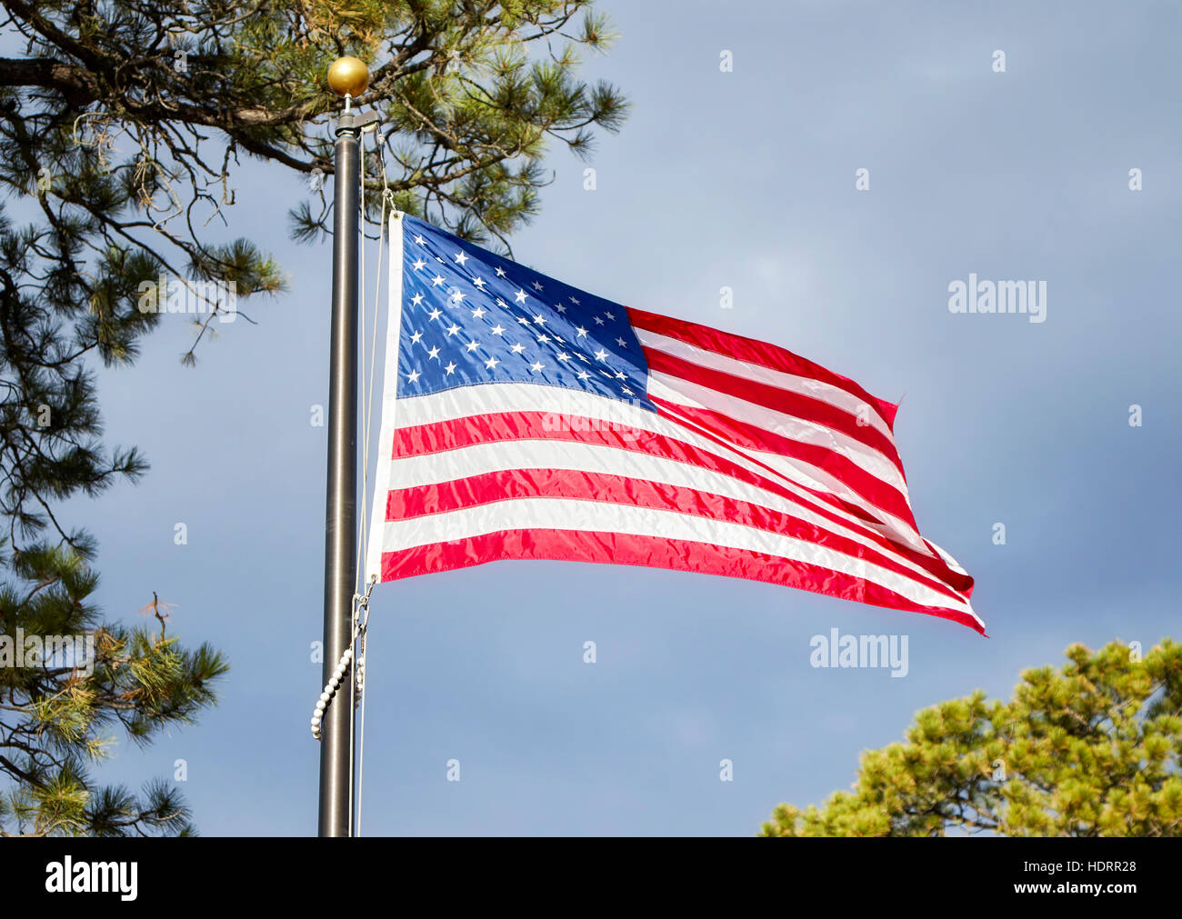 Bandera americana ondeando al viento en un parque, el enfoque selectivo. Foto de stock