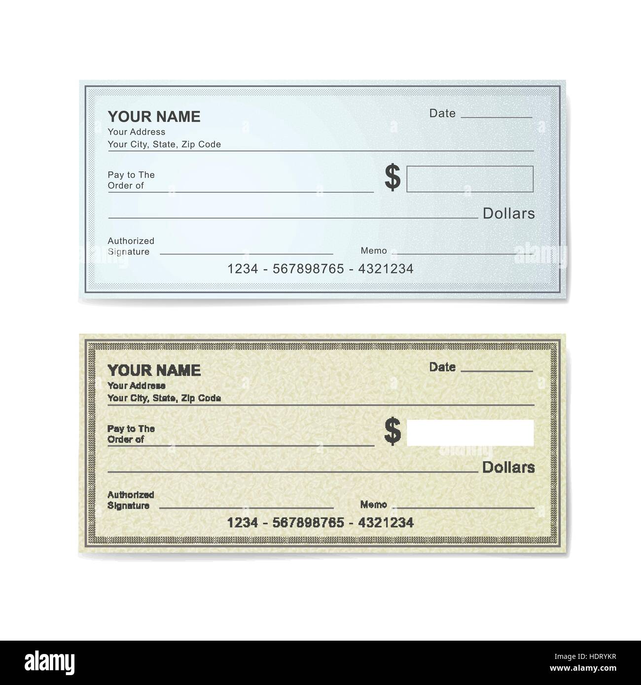 Plantilla de cheques bancarios en blanco aislado en blanco Imagen Vector de  stock - Alamy