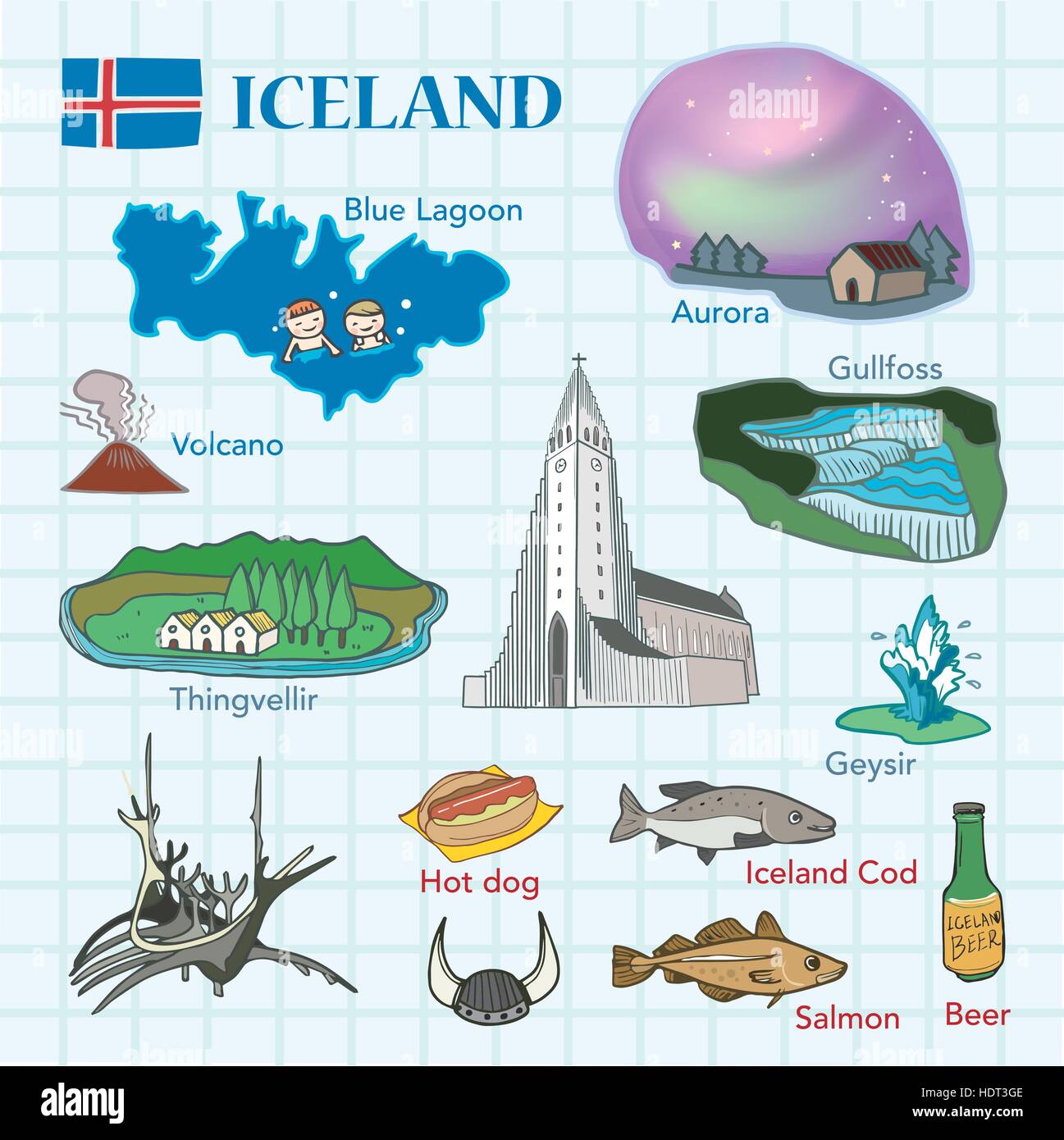 Concepto de viaje de Islandia en el encantador estilo dibujados a mano Ilustración del Vector