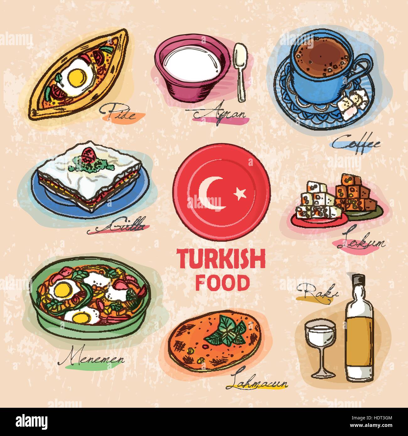 Delicia turca platos en estilo dibujados a mano Ilustración del Vector