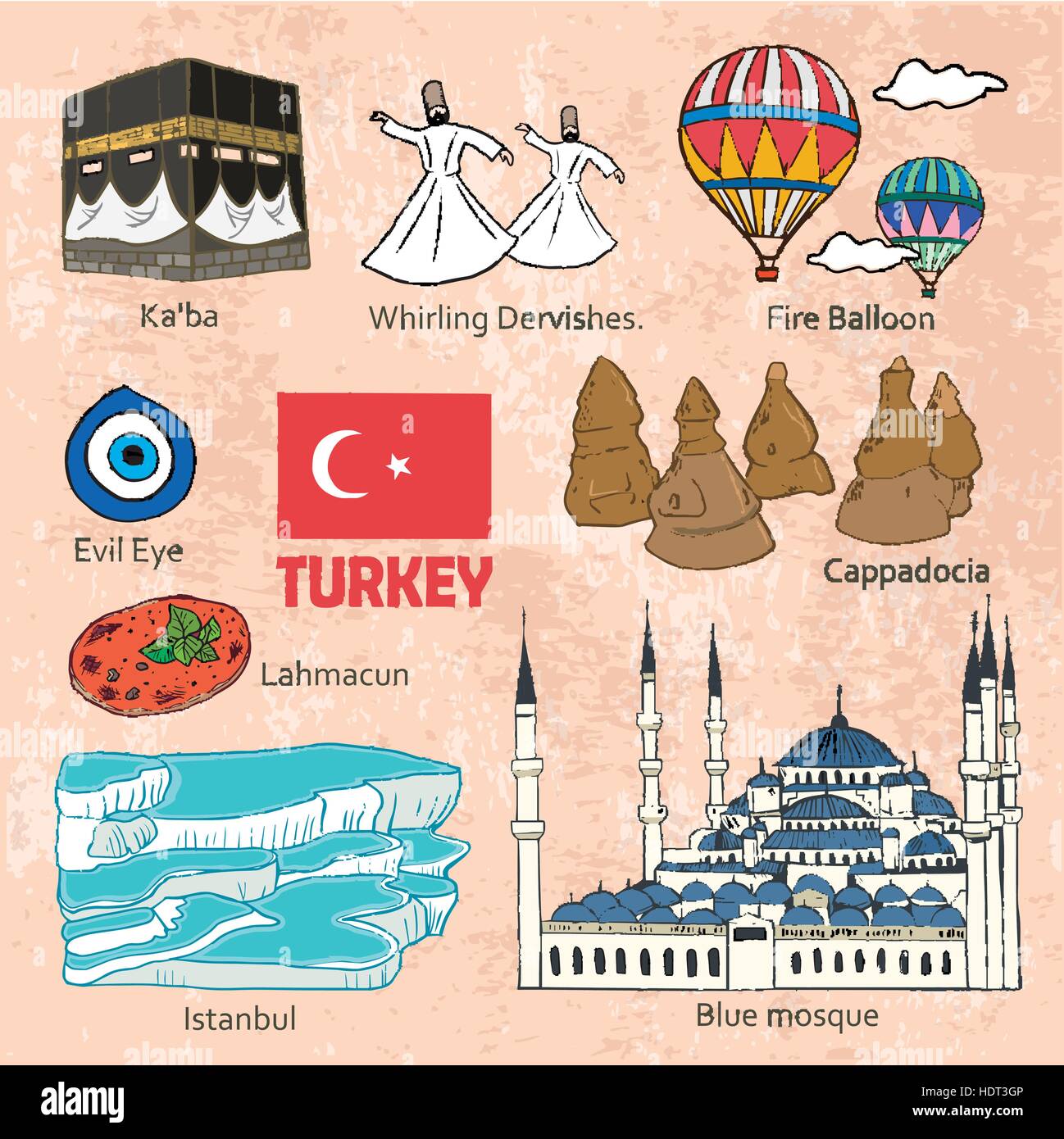 Concepto de viaje de Turquía en el encantador estilo dibujados a mano Ilustración del Vector