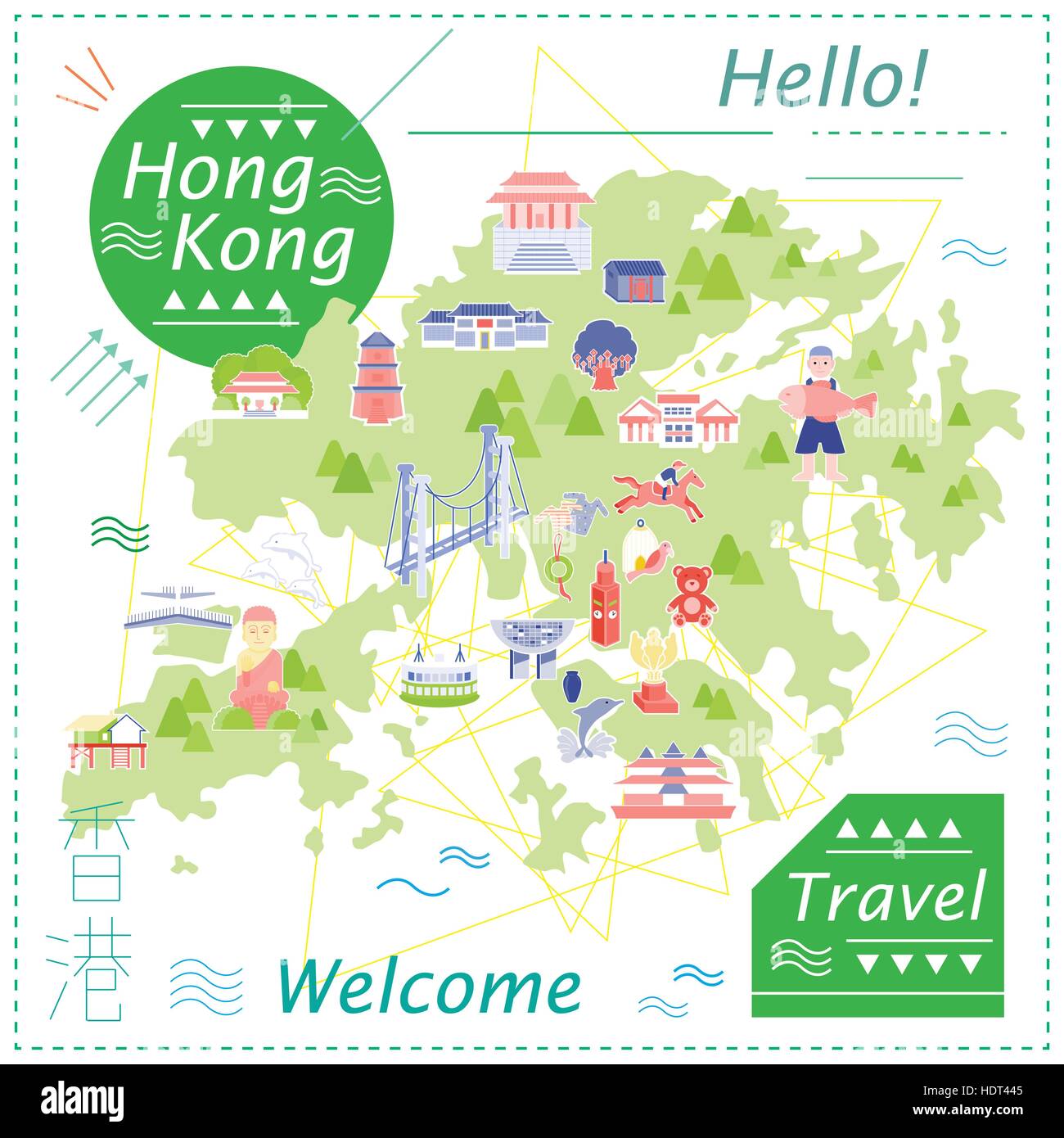 Atractivo Viaje De Hong Kong Mapa En Estilo Plano Imagen Vector De