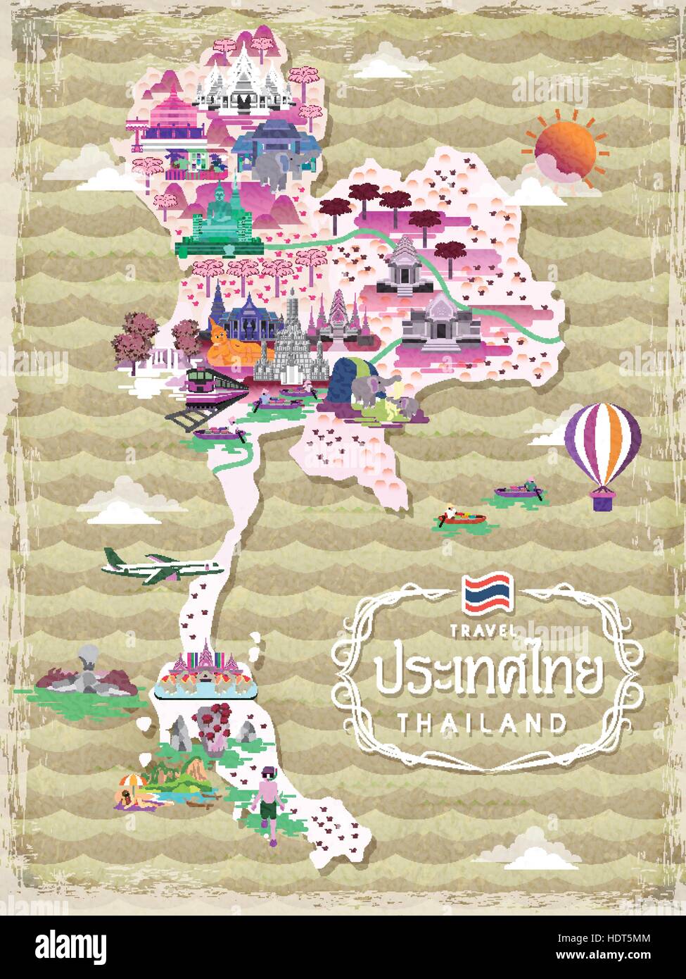 Mapa de viajes de Tailandia atractivo - título word nombre del país es Tailandia en Tailandia Ilustración del Vector