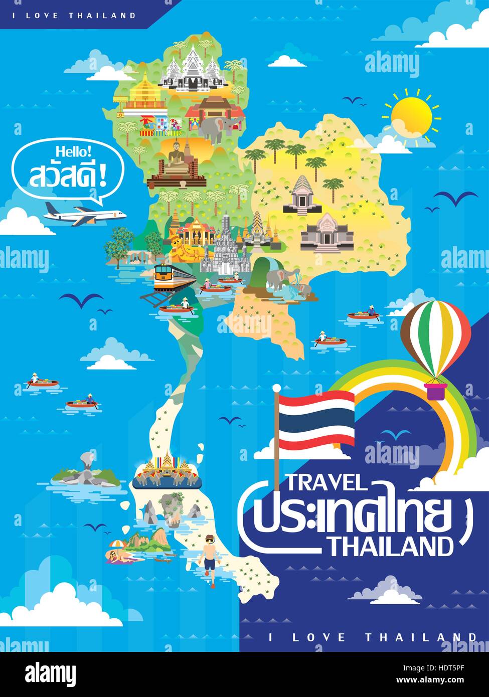 Mapa de viajes de Tailandia atractivo en estilo plano - Tailandia y hola palabras en tailandés. Ilustración del Vector