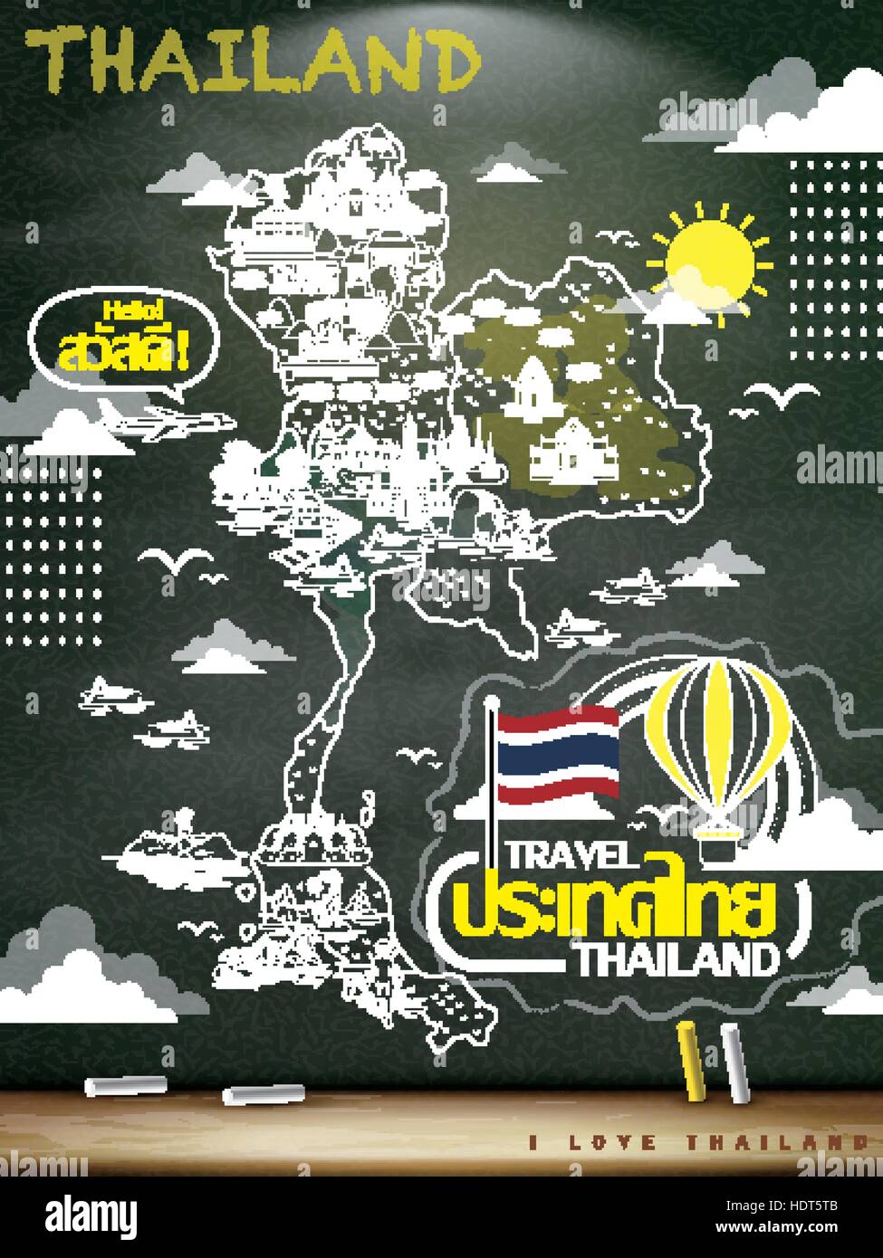 Viajes Tailandia creativo concepto cartel sobre pizarra - Tailandia y hola palabras en tailandés. Ilustración del Vector
