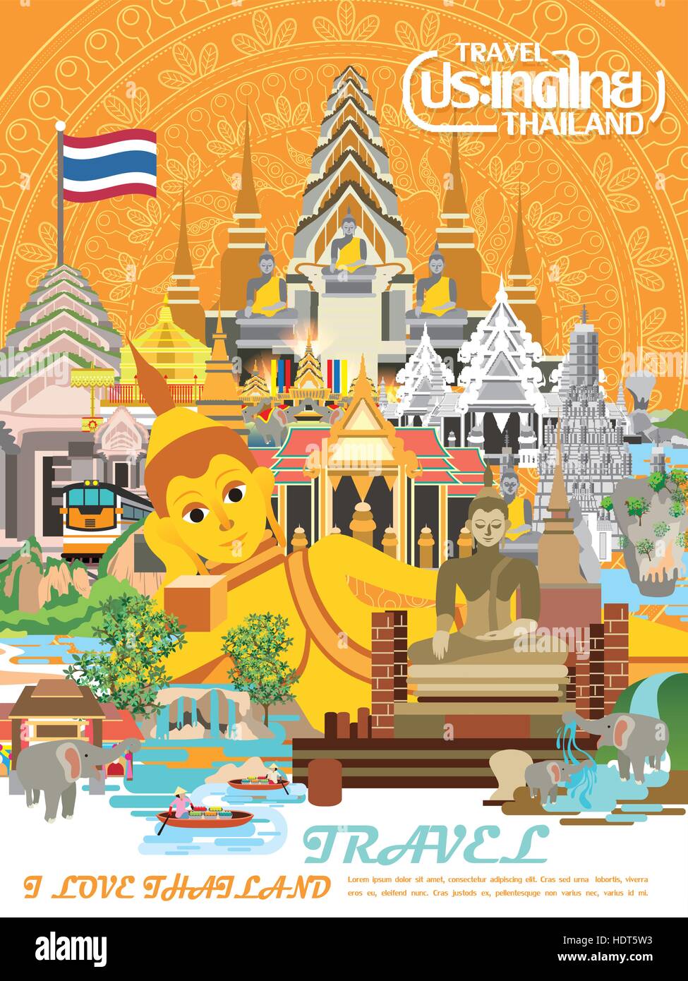 Colorido cartel en concepto de viajes de Tailandia - Tailandia estilo plano nombre de país en tailandés. Ilustración del Vector