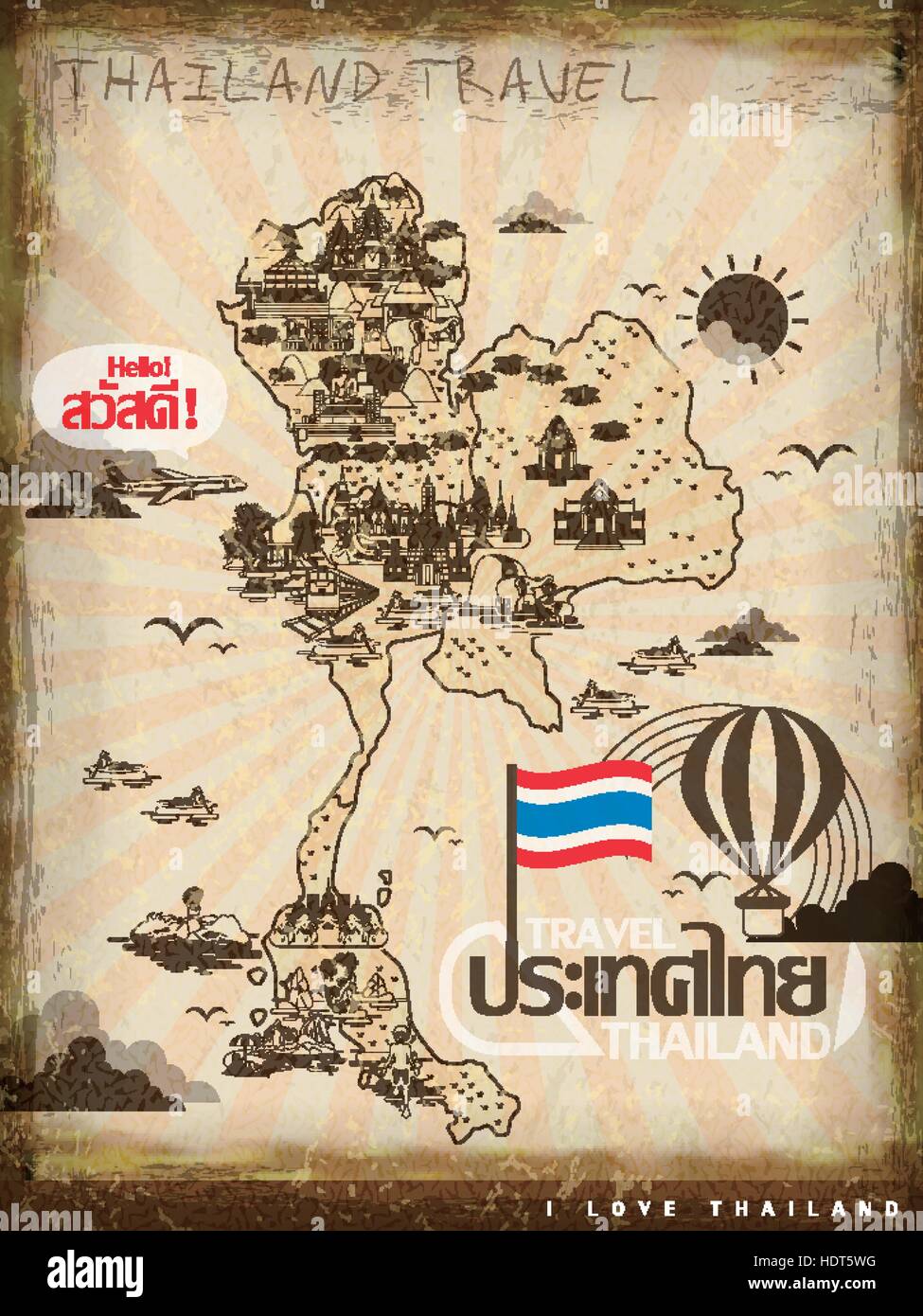 Retro poster en concepto de viajes de Tailandia - Tailandia estilo de línea y hola palabras en tailandés. Ilustración del Vector