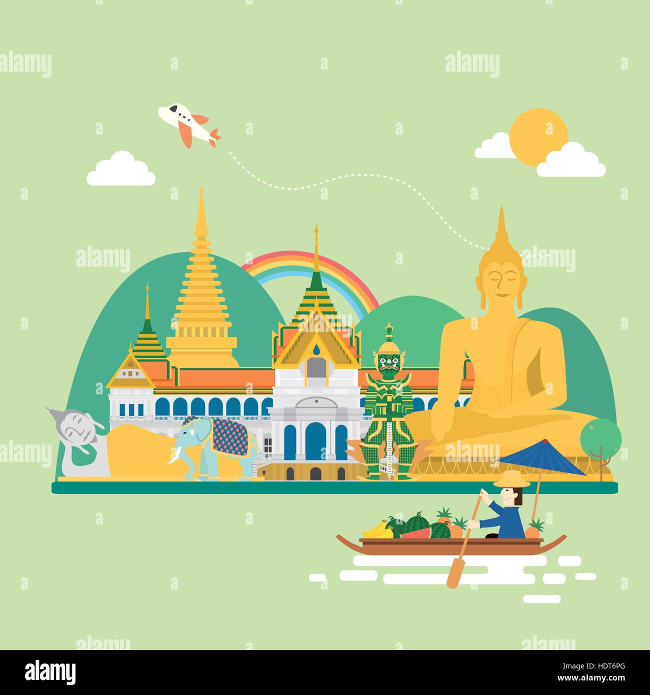 Adorable poster en concepto de viajes de Tailandia estilo plano Ilustración del Vector