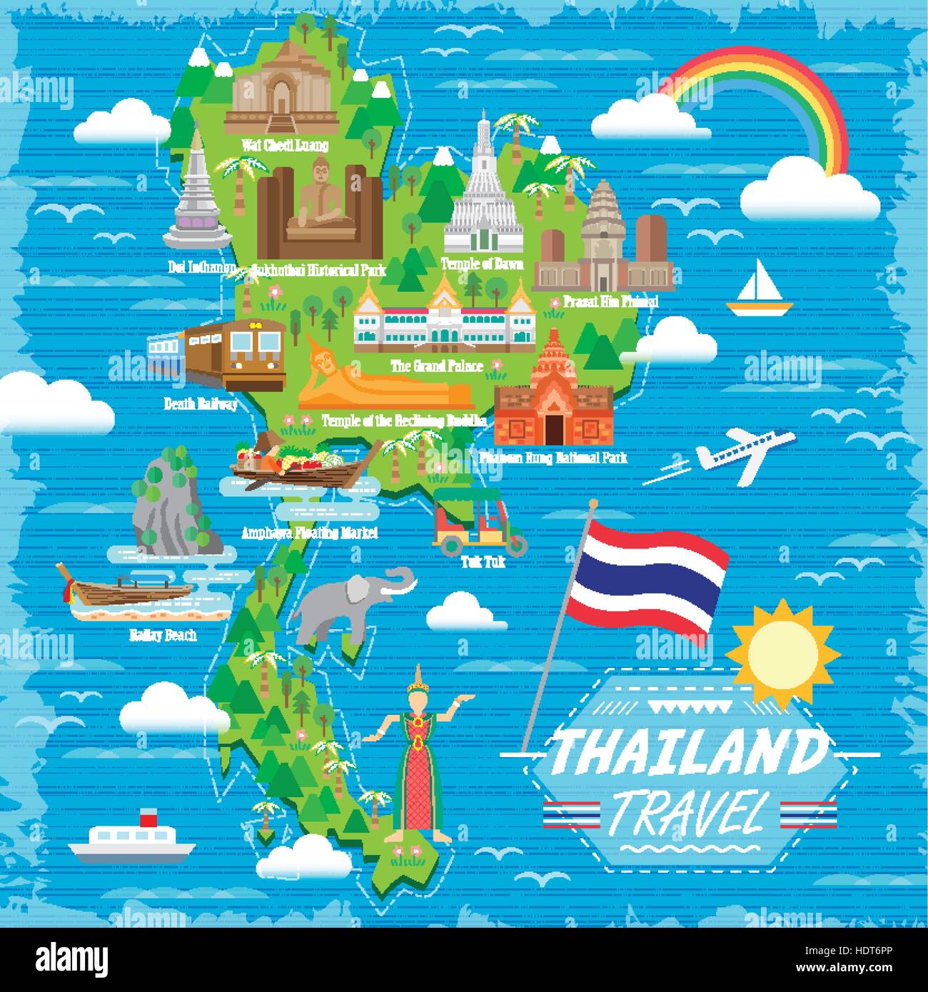 Adorable poster en concepto de viajes de Tailandia estilo plano Ilustración del Vector
