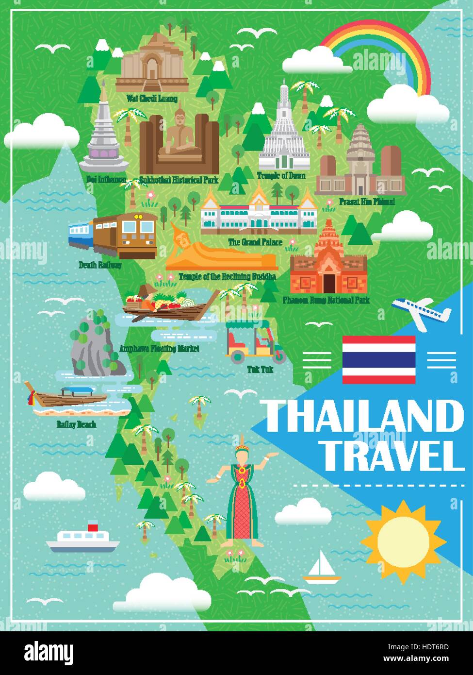 Adorable poster en concepto de viajes de Tailandia estilo plano Ilustración del Vector