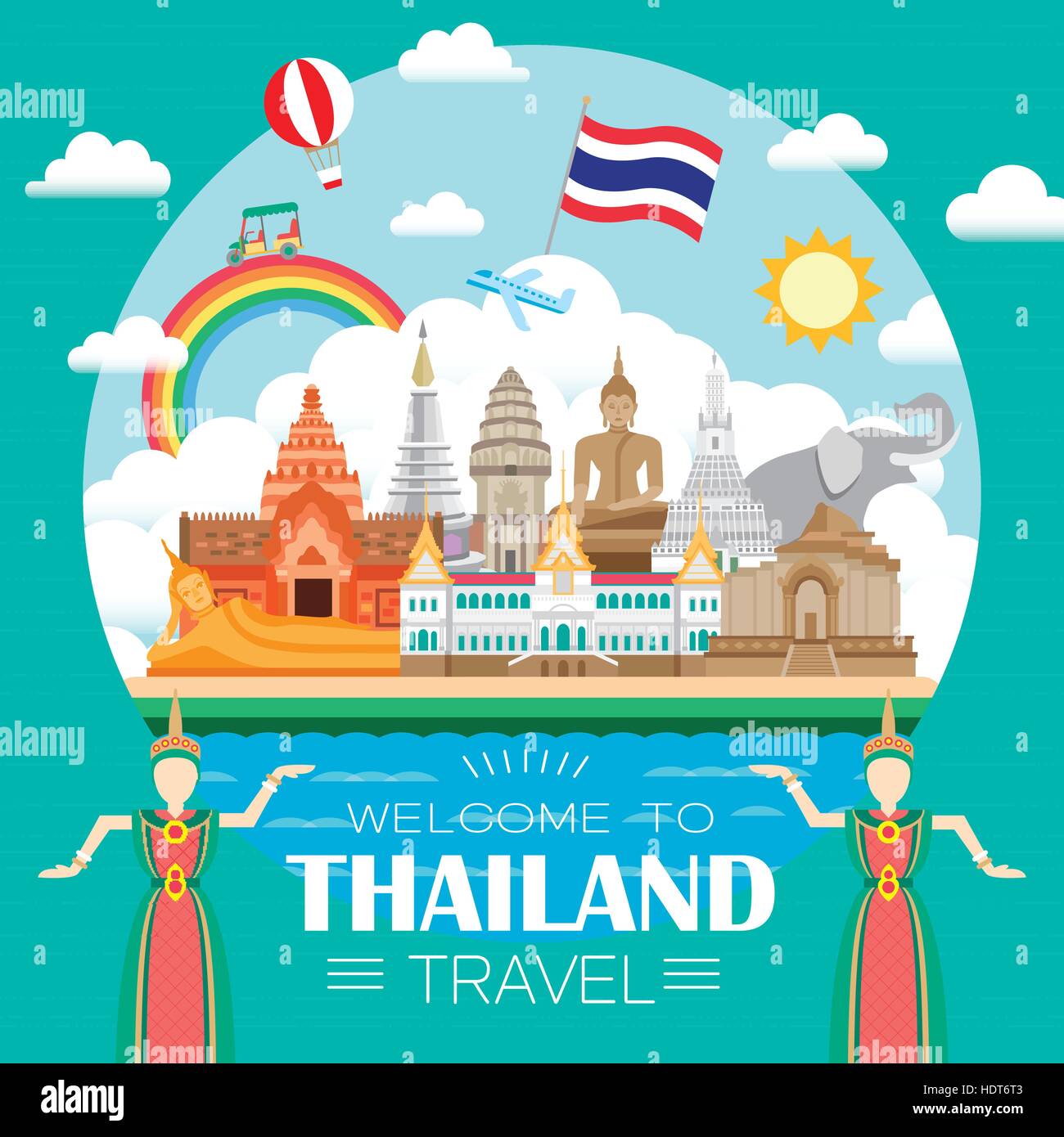 Adorable poster en concepto de viajes de Tailandia estilo plano Ilustración del Vector