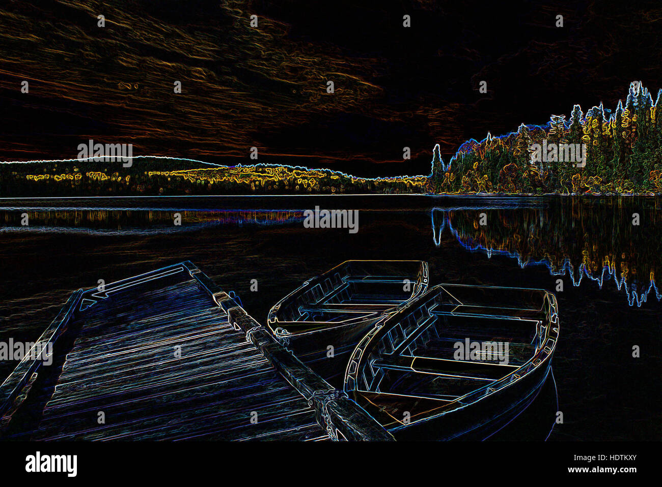 Botes de remos atado a atracar en el lago - imágenes manipuladas digitalmente con Bordes resplandecientes, Abstracto / barcos barco sobre un fondo negro Foto de stock