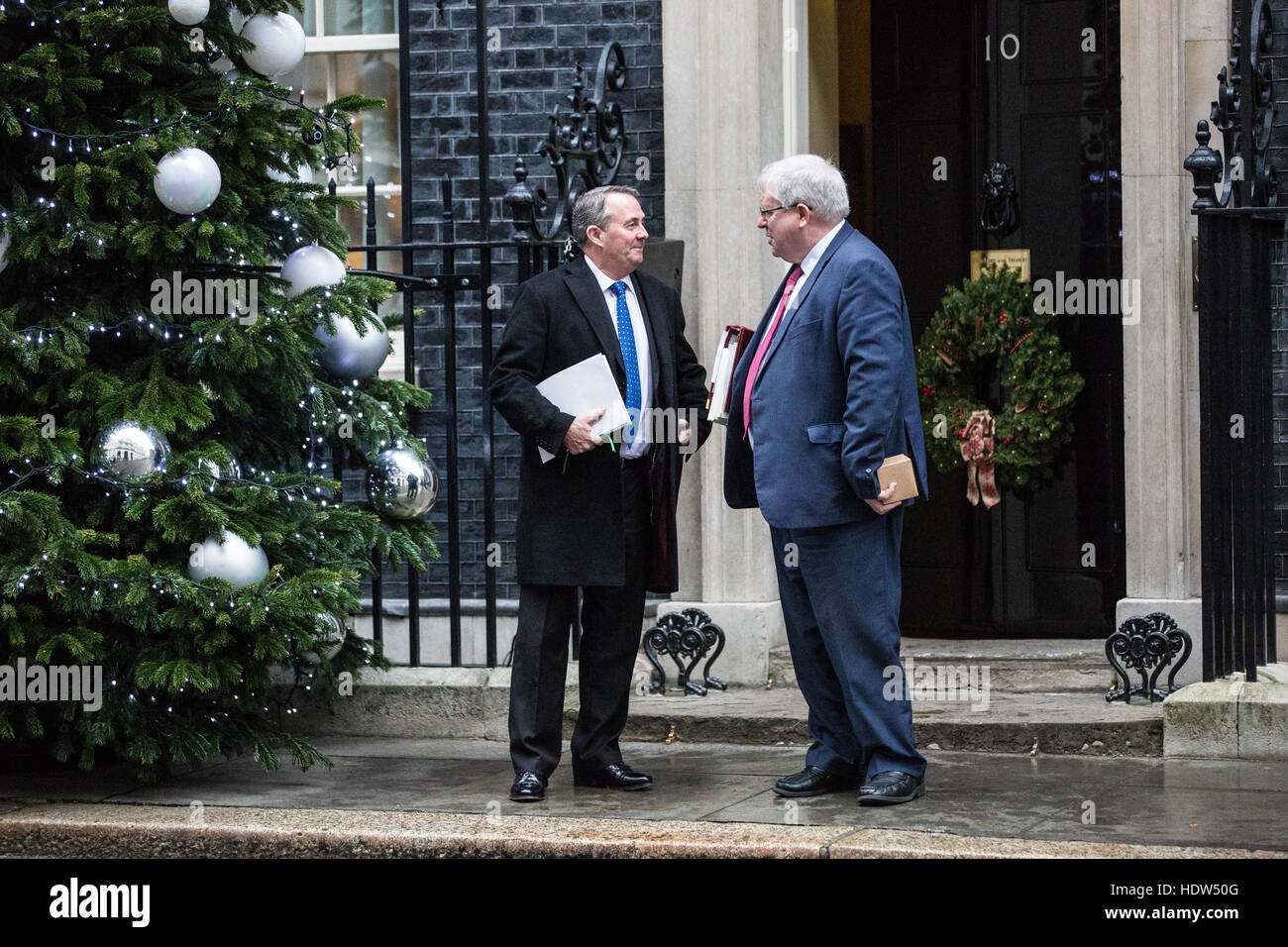 Londres, Reino Unido. 13 de diciembre de 2016. Liam Fox MP y Sir Patrick McLoughlin MP salir de una reunión del gabinete en el número 10 de Downing Street. Foto de stock