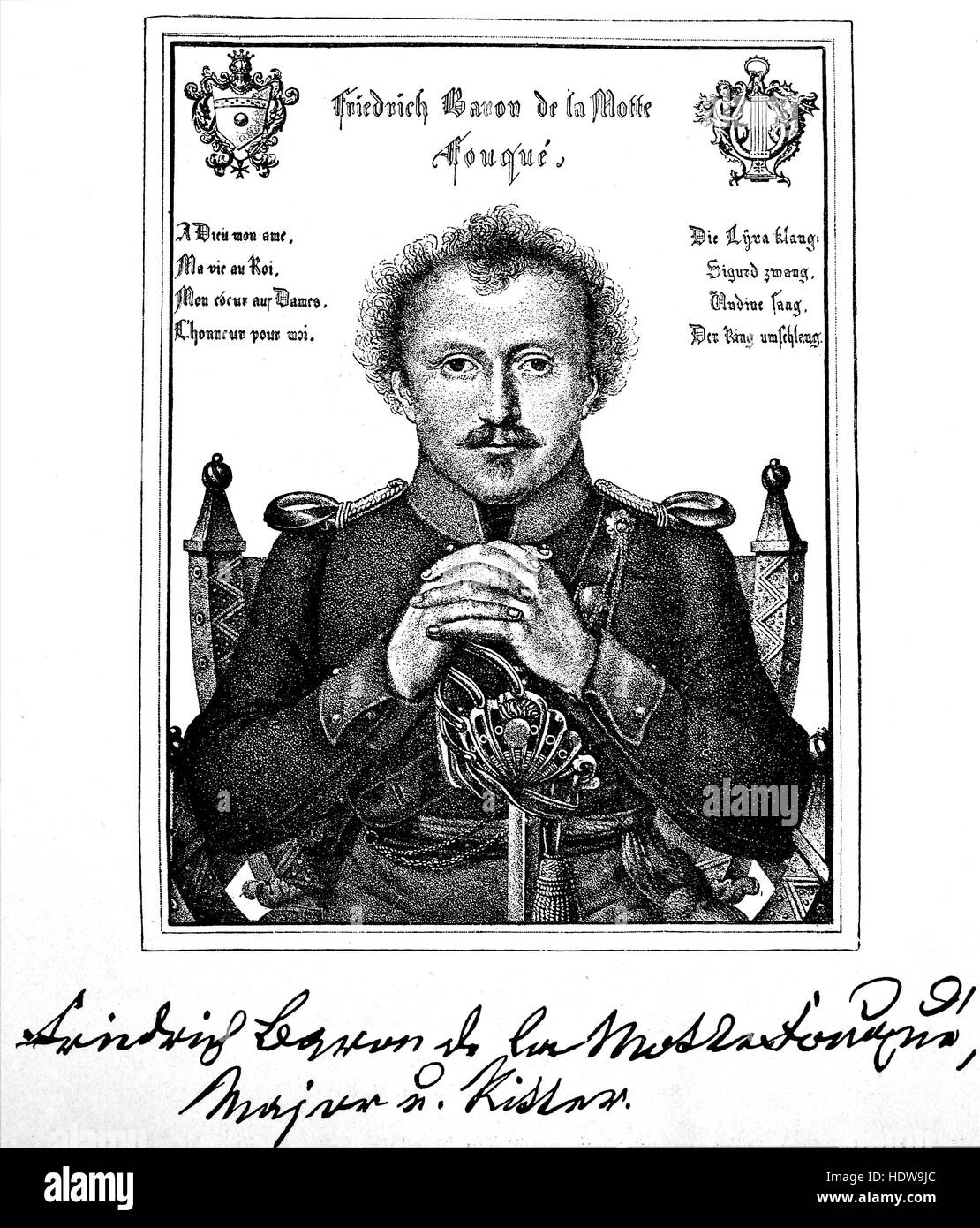 Friedrich Heinrich Karl, barón de la Motte Fouqué, 1777-1843, un escritor alemán de la xilografía estilo romántico, desde el año 1880 Foto de stock