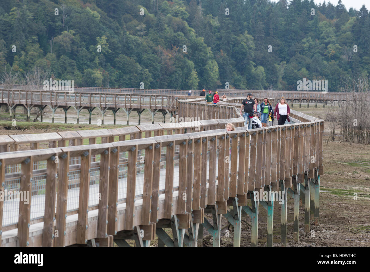 La gente caminando en el Boardwalk trail en la Billy Frank Jr. Nisqually National Wildlife Refuge, en el oeste de Washington. Foto de stock