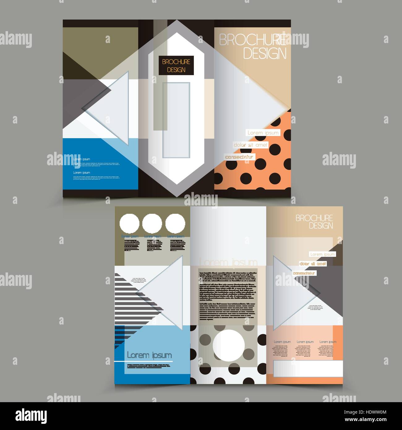 Folleto tríptico moderno diseño con elementos geométricos coloridos