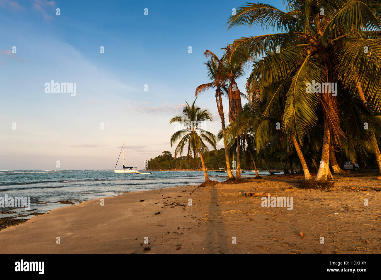 Vista de una playa con palmeras y barcos en Puerto Viejo de Talamanca, Costa Rica, Centroamérica Foto de stock