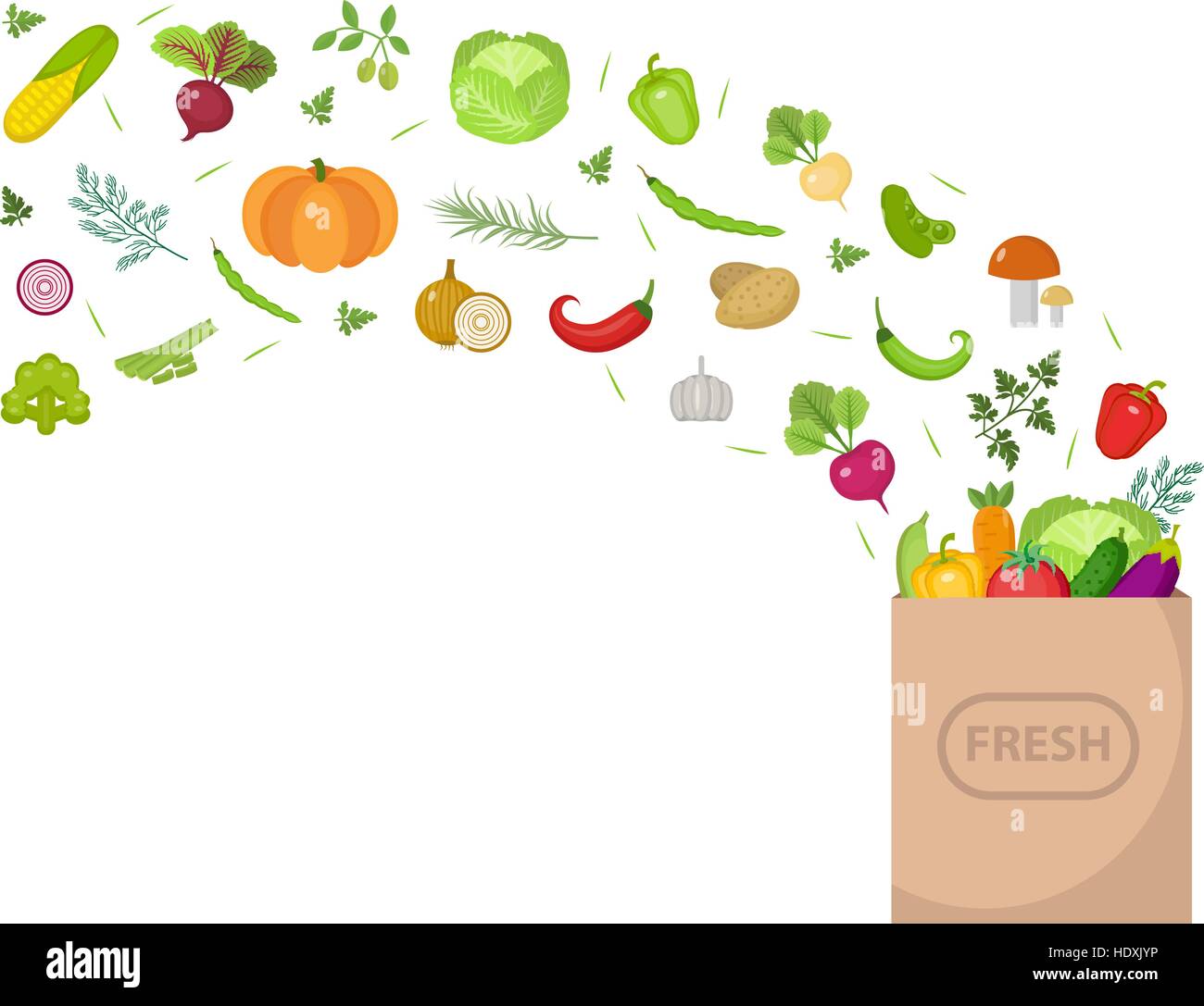 Bolsa de papel comercial con verduras frescas. Diseño plano. Banner espacio para texto, aislado sobre fondo blanco. Estilo de vida saludable, vegan, dieta vegetariana, alimentos crudos. Ilustración vectorial Ilustración del Vector