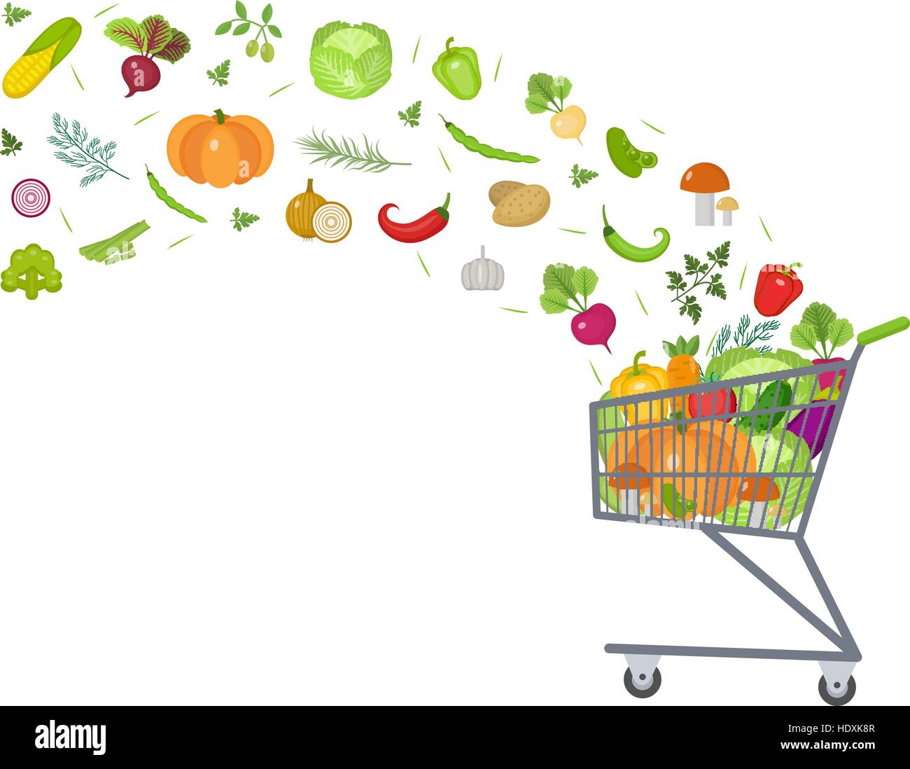 Carro completo, el carro con verduras frescas. Diseño plano. Banner, espacio para texto, aislado sobre fondo blanco. Estilo de vida saludable, vegan, dieta vegetariana, alimentos crudos. Ilustración vectorial Ilustración del Vector