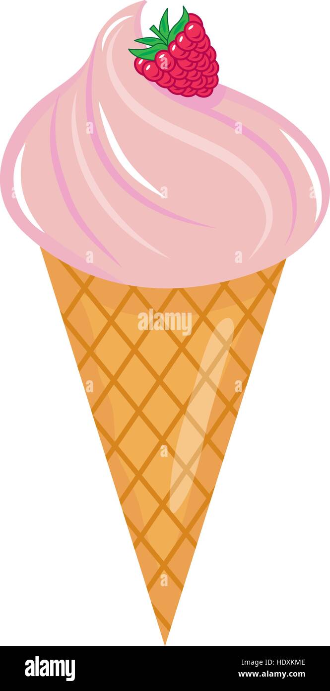 Cono de helado con frambuesas plana el icono de estilo de dibujos animados. Aislado sobre fondo blanco. Ilustración vectorial, imágenes prediseñadas Ilustración del Vector