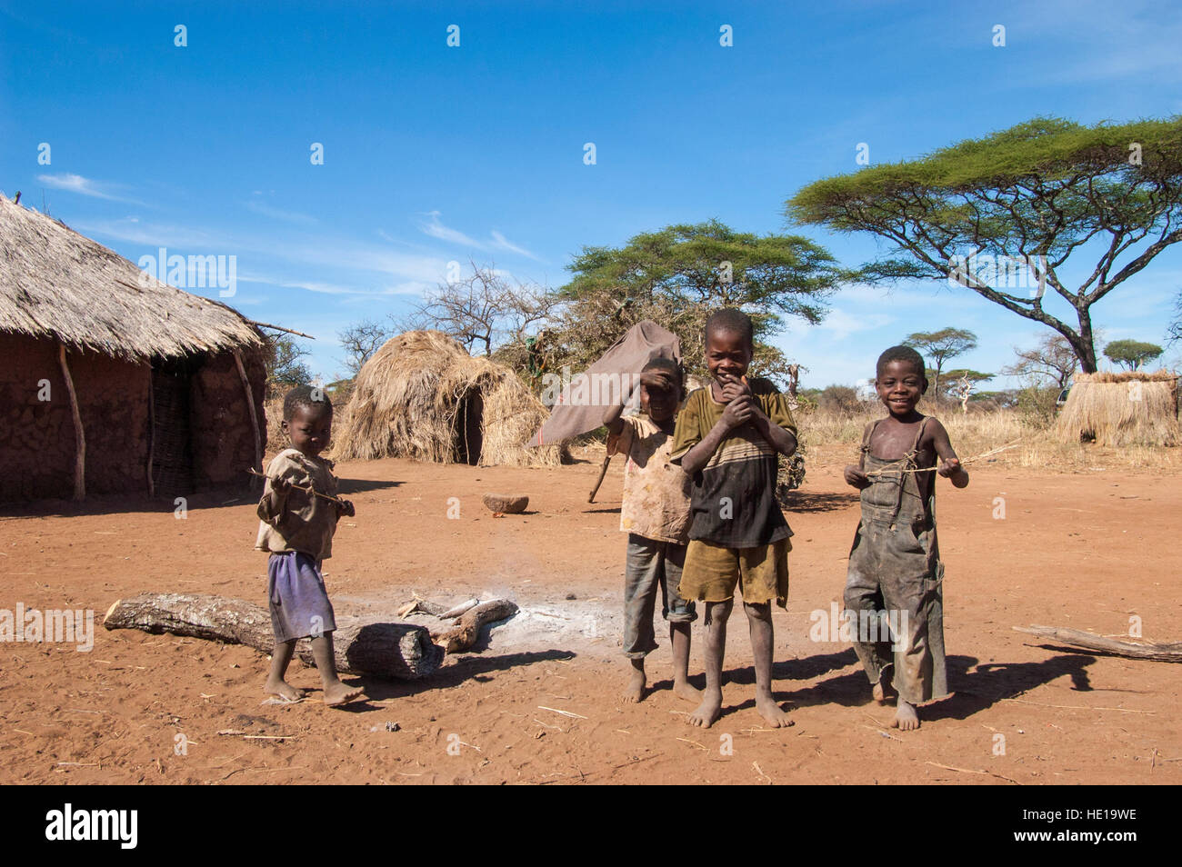 Cuatro niños de la tribu Hadza inquisitively mirando a la cámara, Yaeda valle, región Manyara, Tanzania Foto de stock