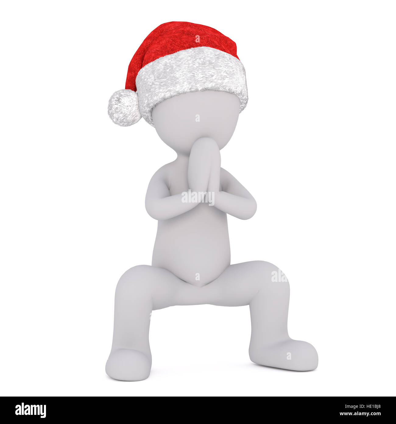 Poco festivo de Navidad hombre 3d en un gorro de Papá Noel rezando con sus manos  entrelazadas en una posición de cuclillas aislado de dibujos animados en 3D  ilustración de la WHI