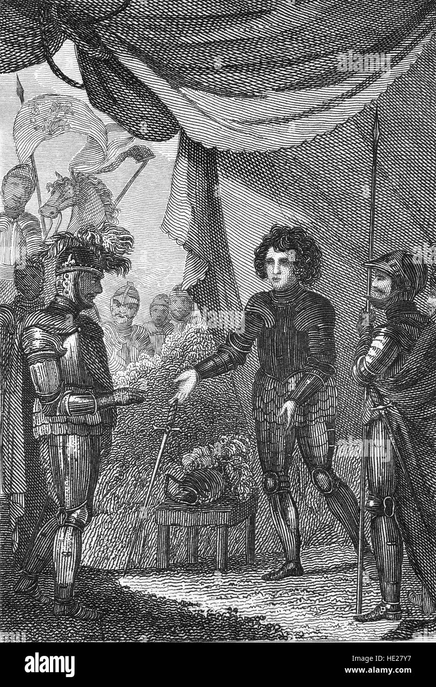 La Batalla de Poitiers fue una gran batalla de la guerra de los Cien Años entre Inglaterra y Francia. La batalla, ganada por los ingleses, tuvo lugar el 19 de septiembre de 1356 cerca de Poitiers, Francia, cuando Juan II, Rey de Francia, entregó a Eduardo, el Príncipe Negro. Foto de stock