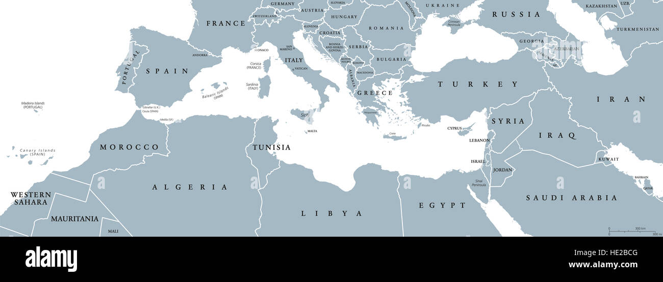 Mapa político de la cuenca mediterránea. Región mediterránea, también Mediterranea. Las tierras alrededor del Mar Mediterráneo. Foto de stock