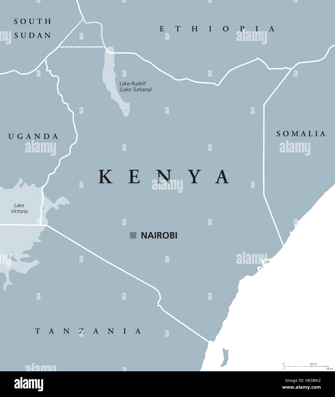 Mapa político de Kenia con la capital Nairobi. República de África con las fronteras nacionales, de países vecinos. Foto de stock
