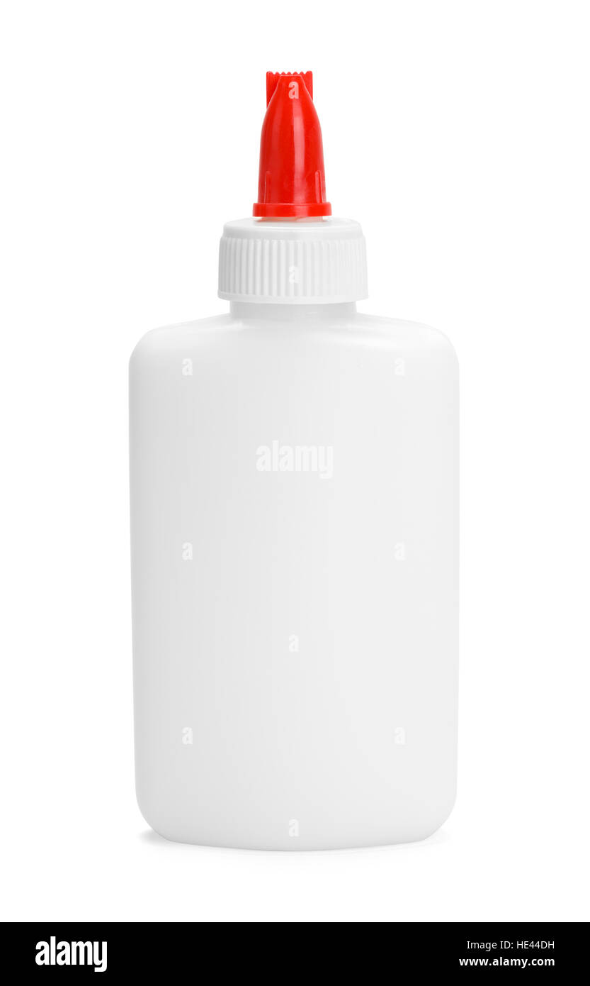 Botella de pegamento escolar con esparcidor Cap aislado sobre fondo blanco. Foto de stock