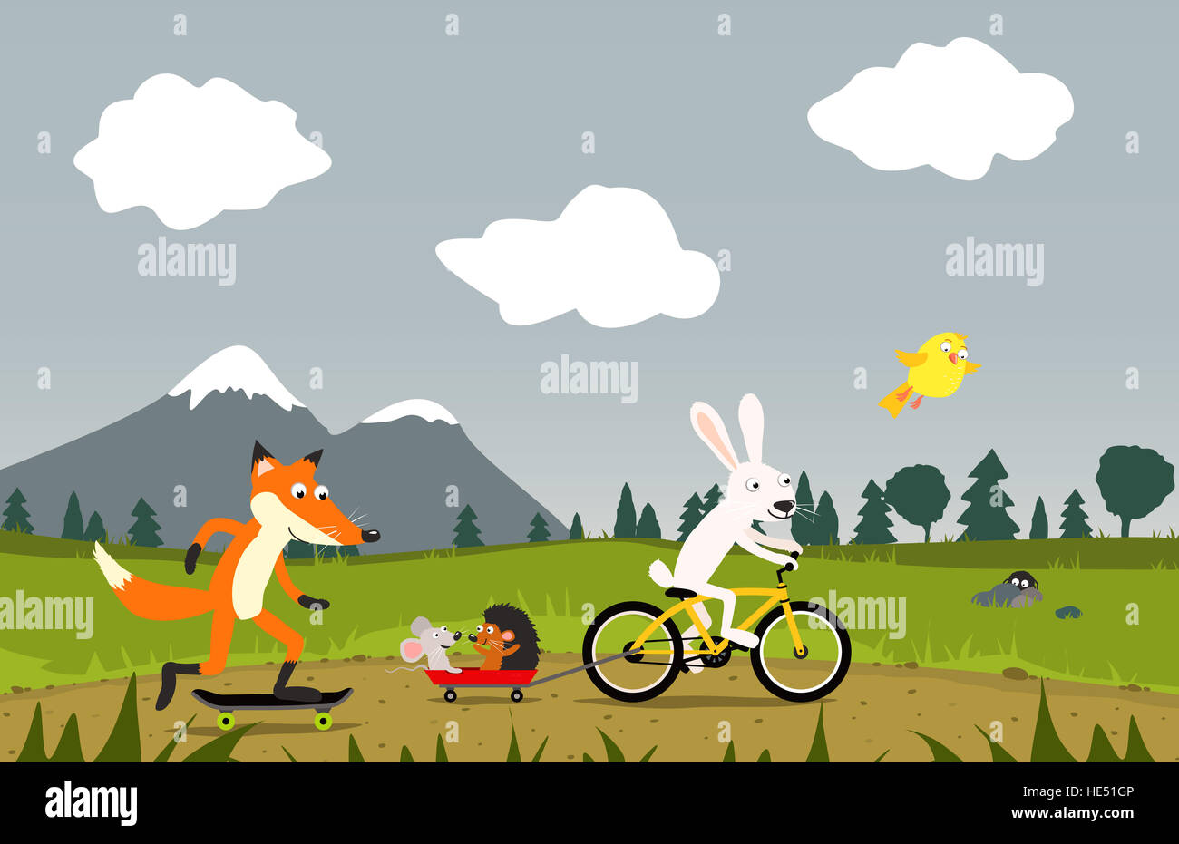 Animales montando bicicleta y patineta: Bunny, Fox, el ratón, el erizo, pájaro. Lindo y detallada acerca de la ley de niños ilustración exterior Foto de stock