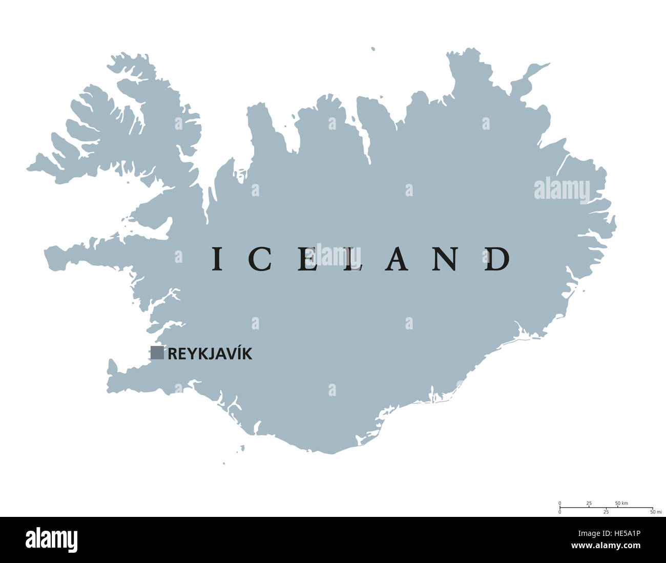 Mapa político con capital de Islandia, Reykjavik. República y país insular nórdicos en Europa y en el norte del Océano Atlántico. Foto de stock