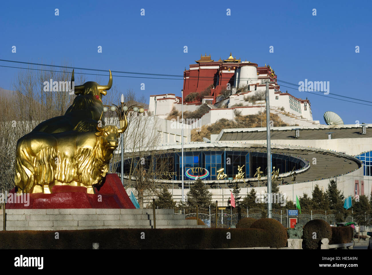 Lhasa: Golden Yaks Memorial, el Centro de televisión de XZTV Palacio de Potala, en el Tíbet, China Foto de stock