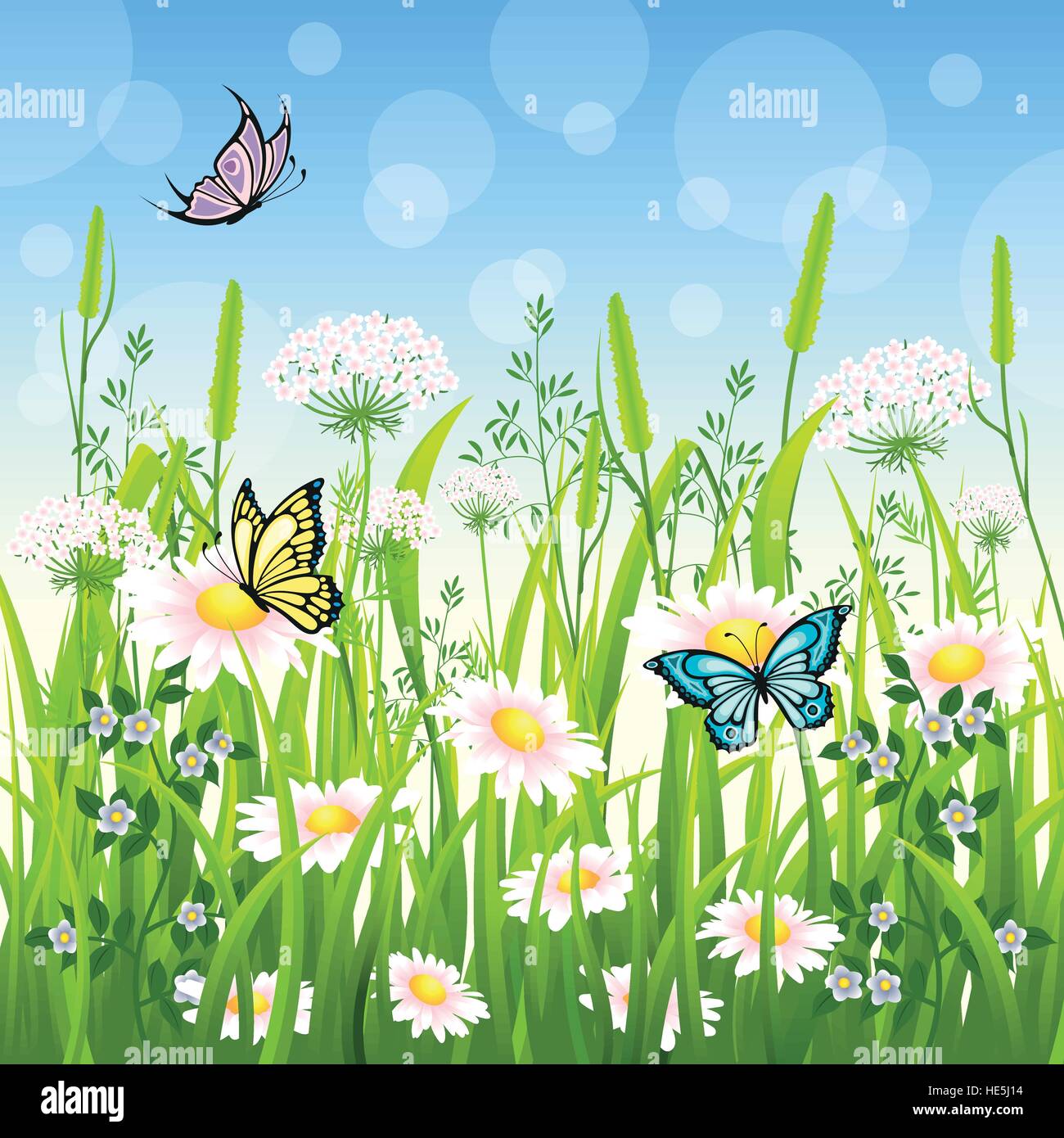 Prado de flores en verano con mariposas Ilustración del Vector