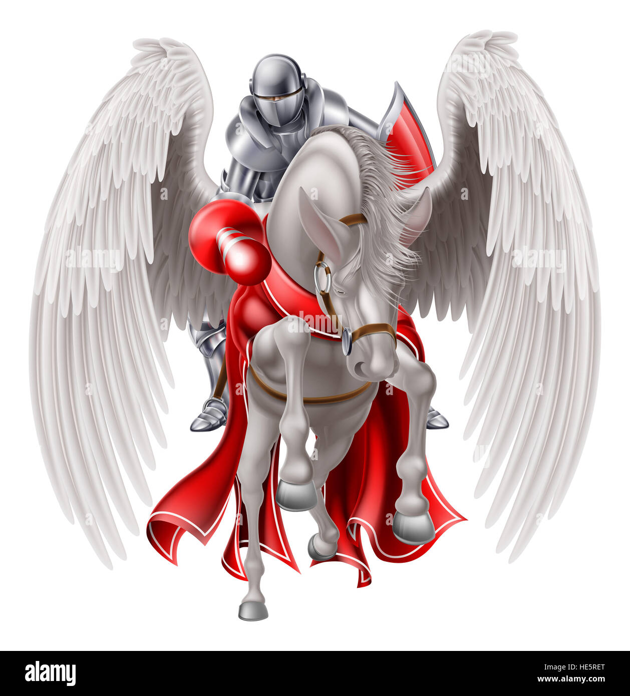 En la armadura de caballero medieval en un legendario caballo alado Pegaso mitológico sosteniendo un lance listo para un joust o combate. Foto de stock