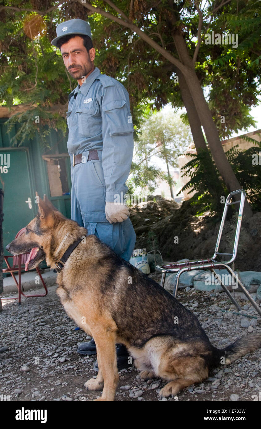 100605-F-1020B-009 Kabul - Enaya Tullah, un oficial de la policía nacional afgana espera con su perro de trabajo militar en el punto de control 4, uno de los topes de seguridad del interior de la ciudad, 5 de junio de 2010. Los 25 puestos de control alrededor de la sección central de Kabul, conocido como el anillo de acero, son parte de una nueva medida de seguridad del perímetro de la ciudad capital. El Sargento. Sarah Brown/) Foto de stock