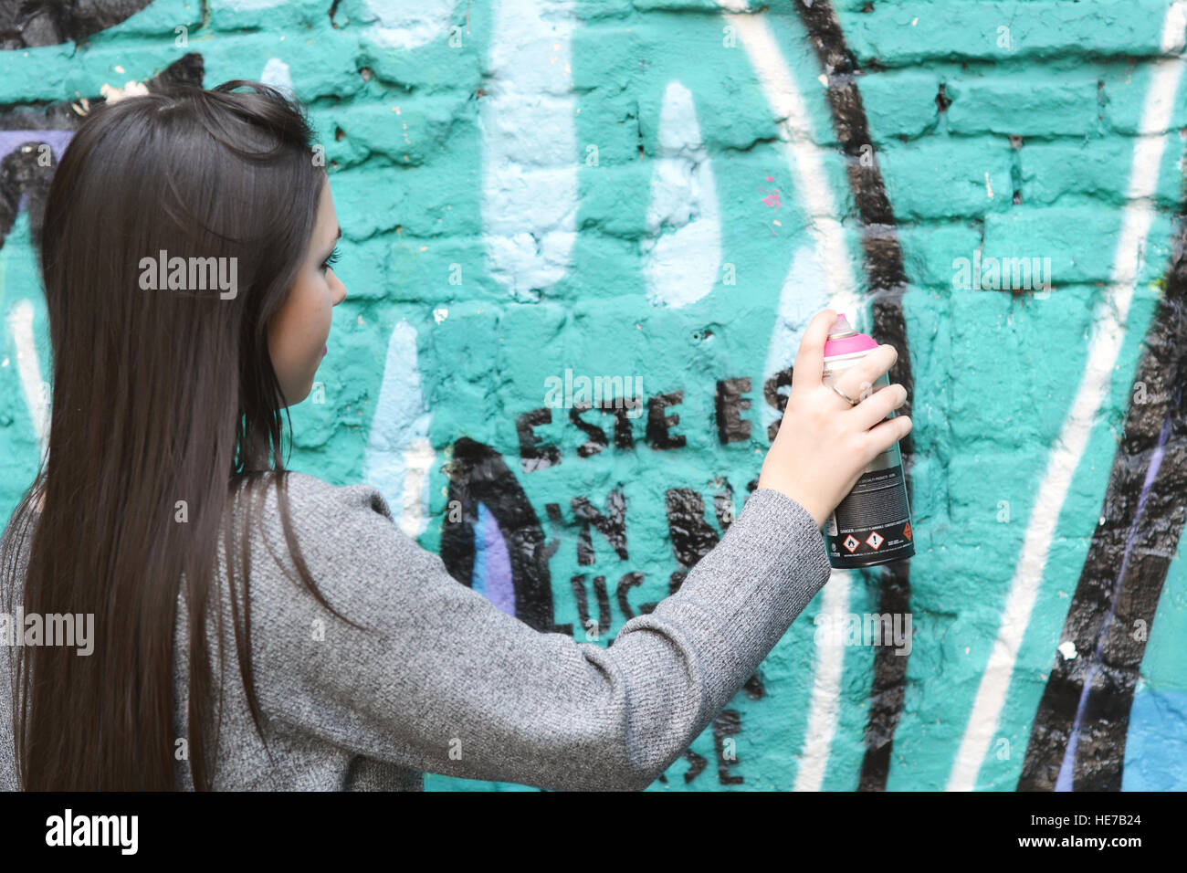 Retrato de joven mujer latina haciendo pintadas con pintura en aerosol en la pared de la calle. Al aire libre. Concepto urbano. Foto de stock